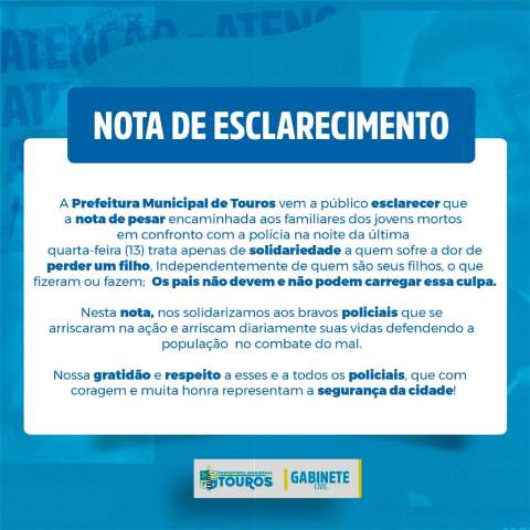 Em nota, Prefeitura de Touros tenta justificar lamento pela morte de sequestradores