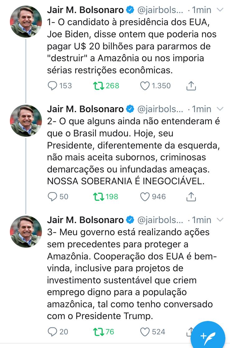 Presidente Bolsonaro puxa orelha de Biden: Nossa soberania é inegociável