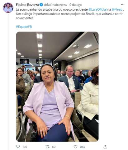 Fátima arranja motivo para assistir palestra de Lula em São Paulo