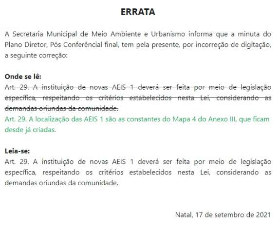 Prefeitura publica errata sobre a minuta do Plano Diretor