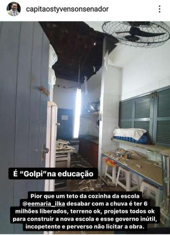 Teto de escola mantida por Styvenson desaba; Governo Fátima tem R$ 6 milhões para reforma-la e nunca o fez