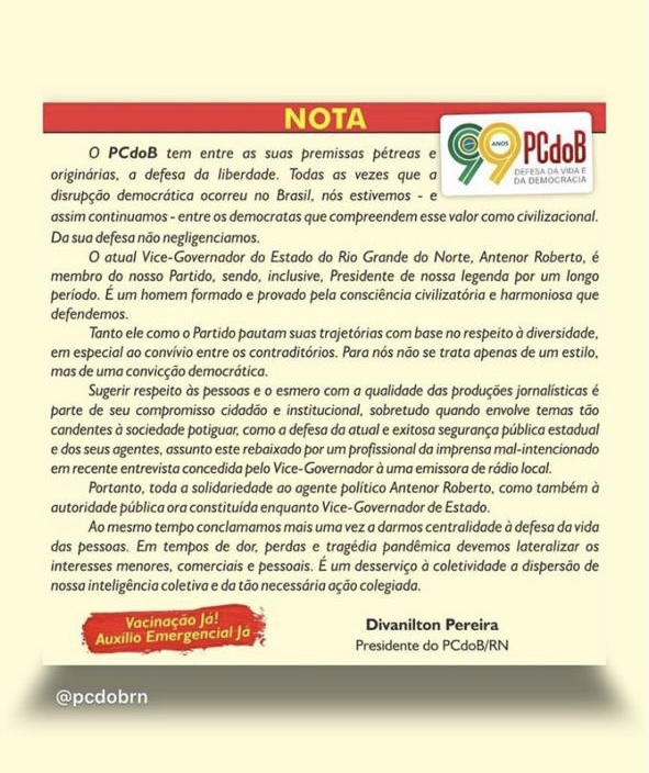 Comunistas soltam nota de apoio ao vice-governador