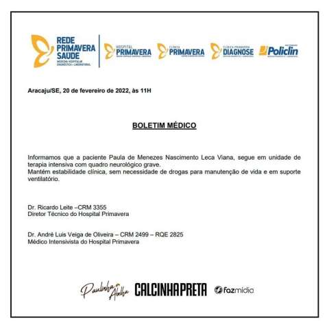 Paulinha Abelha tem quadro neurológico grave, indica boletim