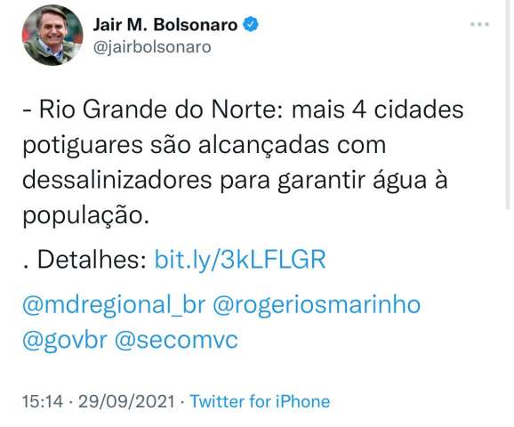 Bolsonaro confirma cidades do RN que recebem dessalinizadores; saiba quais