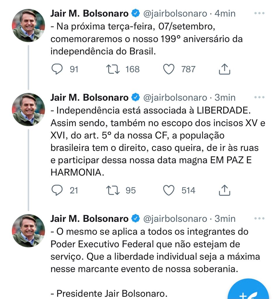 Em rede social, Bolsonaro diz que 