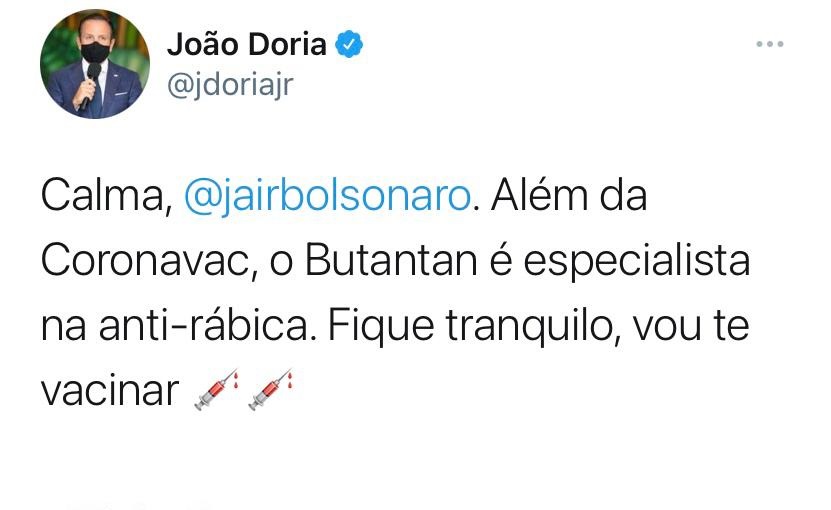 Doria sugere a Bolsonaro tomar vacina antirrábica