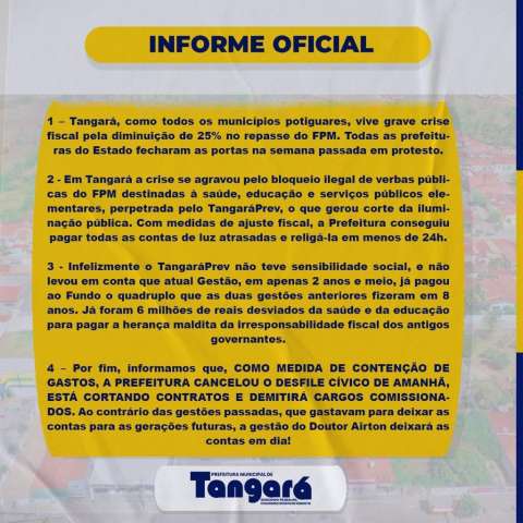 Urgente: Prefeitura do RN cancela desfile, corta contratos e demitirá comissionados por conta do 