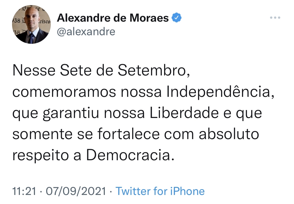 Ministro Alexandre de Moraes manda mensagem aos brasileiros