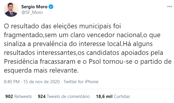 Observador eleitoral, Moro cita derrrota de Bolsonaro em tuíte