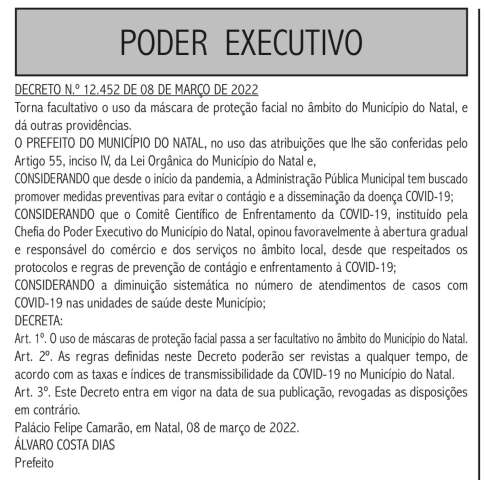 Decreto: Álvaro Dias libera uso de máscara em Natal