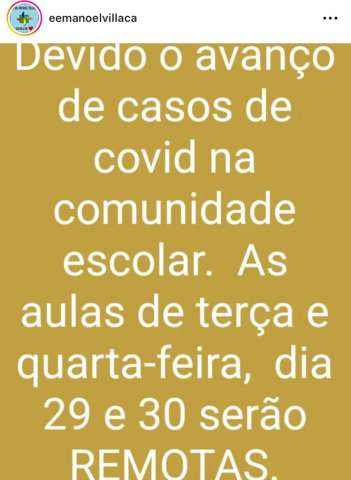 Começou: Escola estadual informa que aulas hoje e amanhã serão remotas