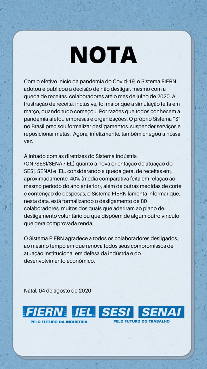 Crise: FIERN anuncia demissão de 80 colaboradores