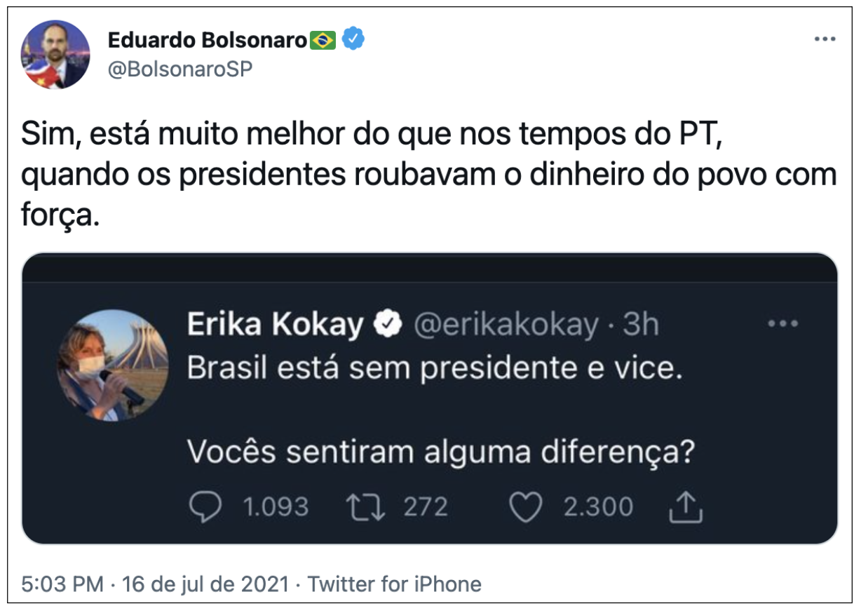 País sem presidente é melhor do que no “tempo do PT”, diz Eduardo Bolsonaro