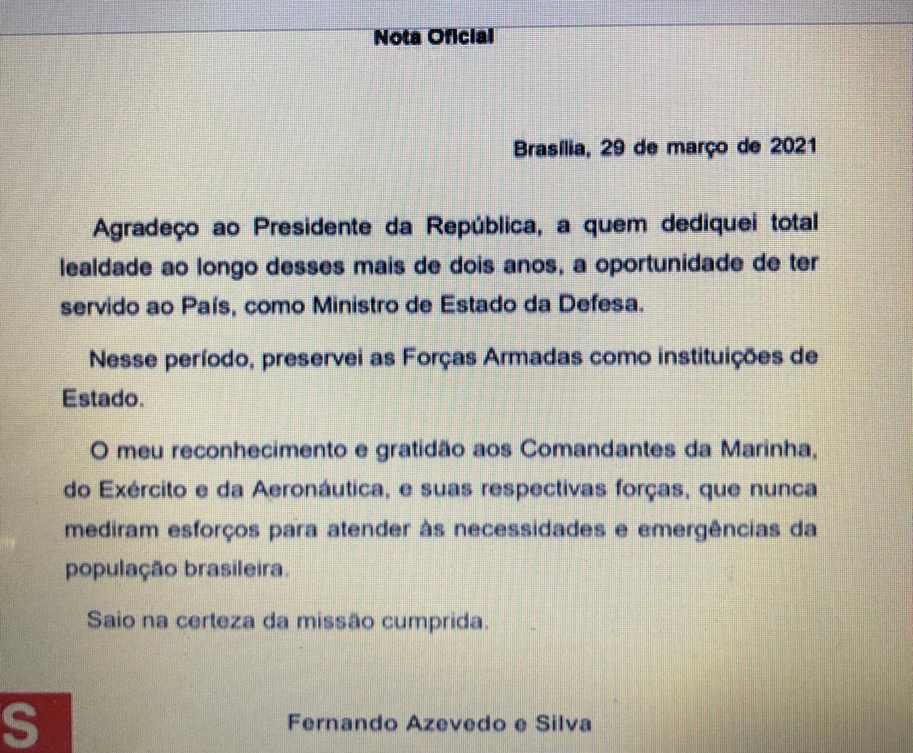 Urgente: Ministro da Defesa avisa que vai deixar o Governo Federal