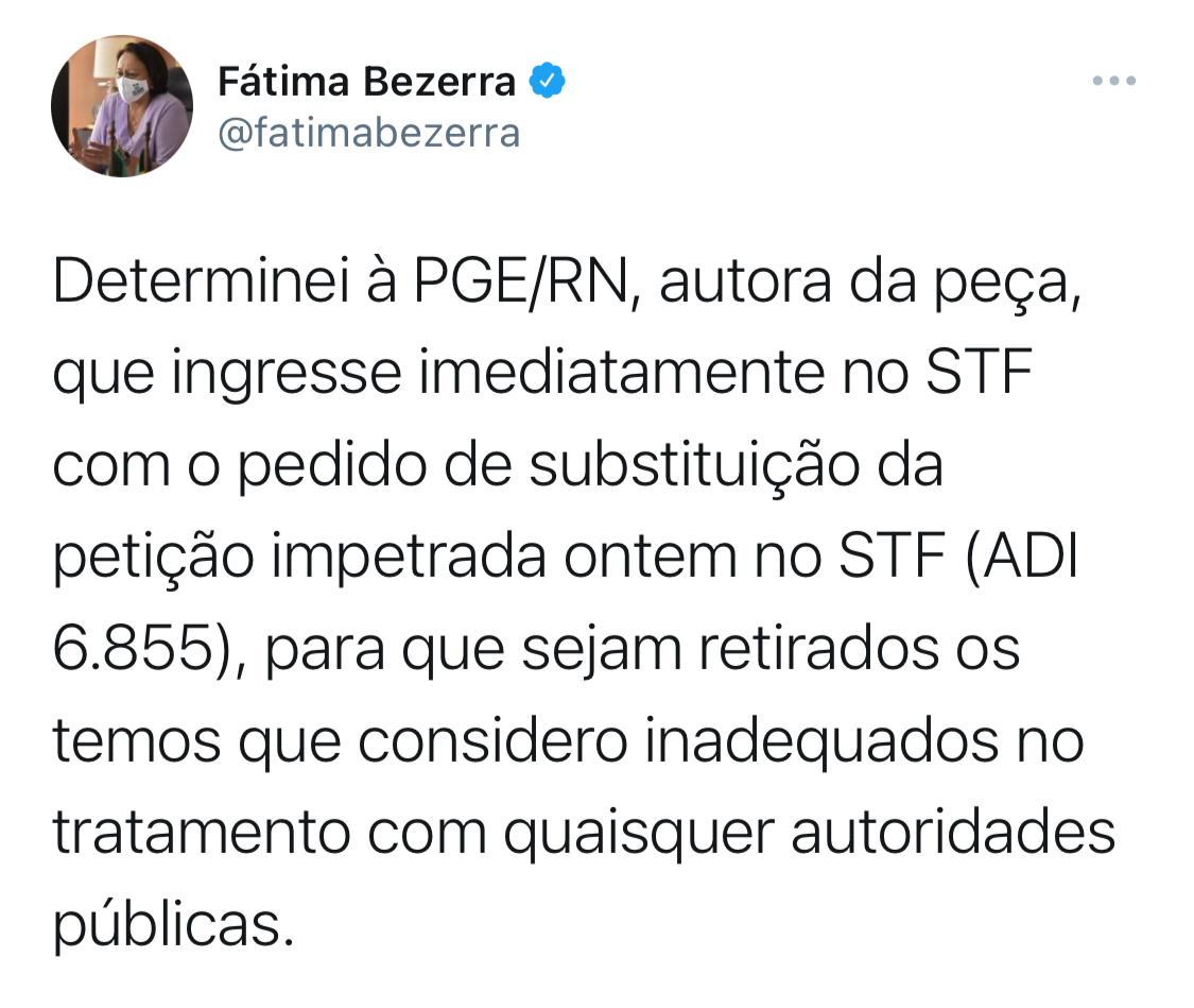 Fátima “engata a ré” depois de dizer que Bolsonaro “tem desvio mental e de caráter” ao STF