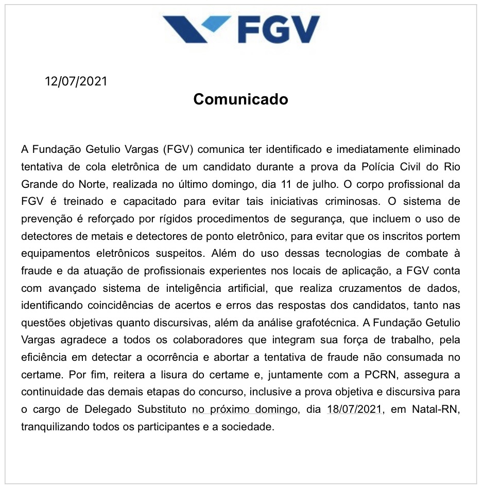Banca divulga nota sobre tentativa de fraude em concurso da Polícia Civil do RN