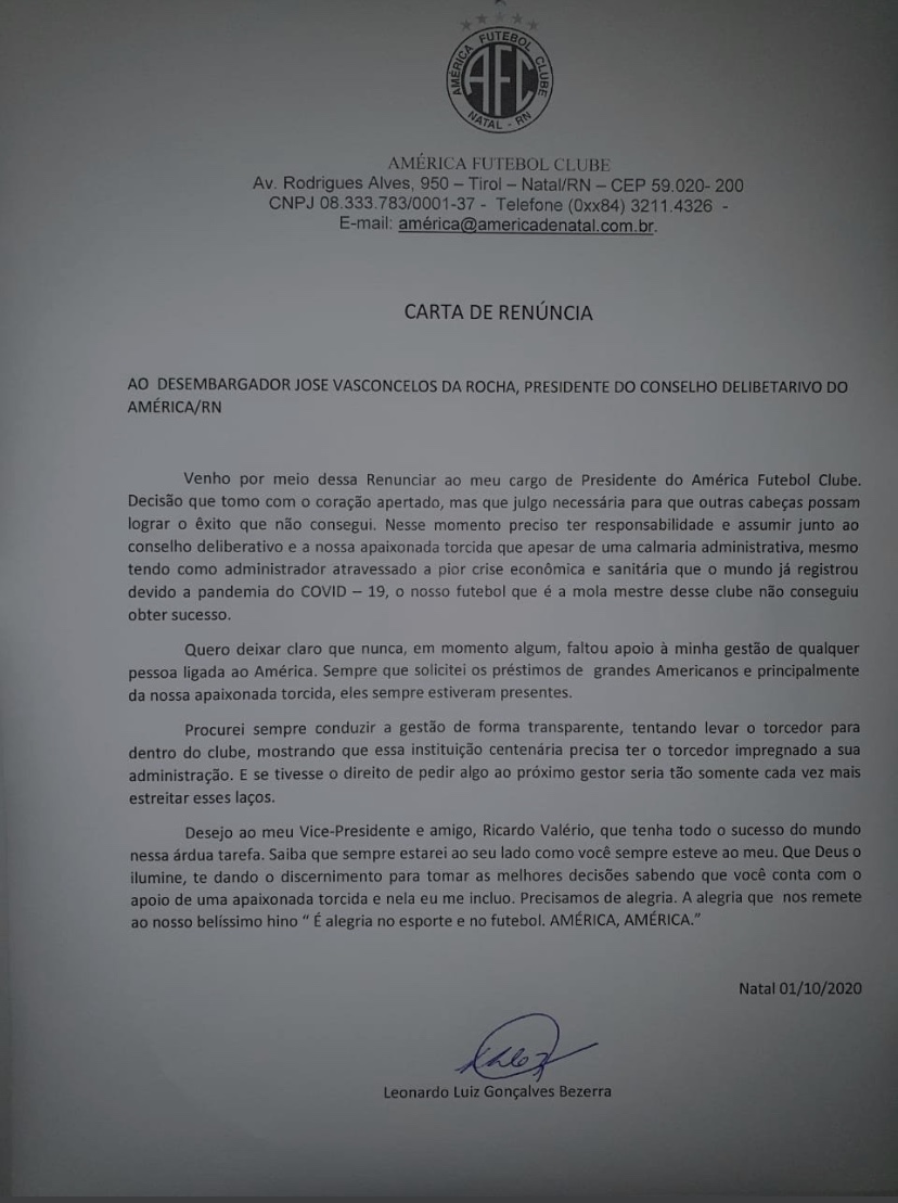 Presidente do América renuncia