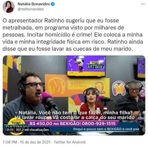 [VIDEO] Apresentador Ratinho sugere metralhar Natalia Bonavides; Deputada responde