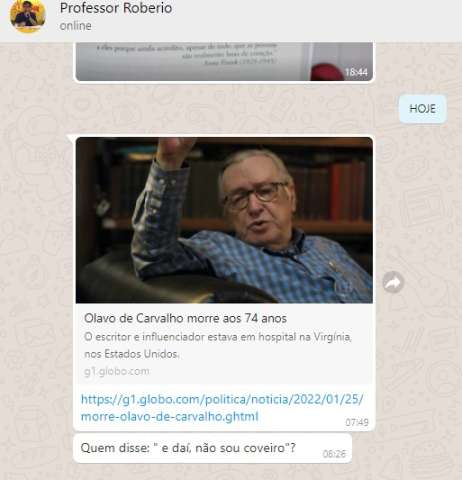 Ódio do bem: Vereador de Natal ironiza morte de Olavo de Carvalho