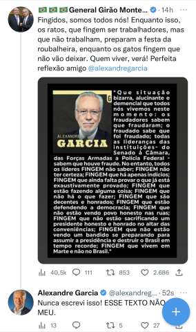 Alexandre Garcia faz Girão (Sargento Pincel) passar constrangimento no Twitter