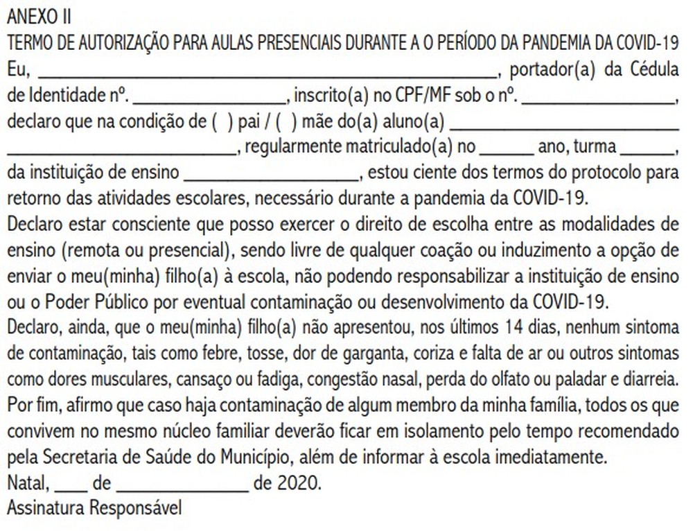 Pais não poderão responsabilizar escolas ou poder público caso filho seja contaminado por Covid-19.