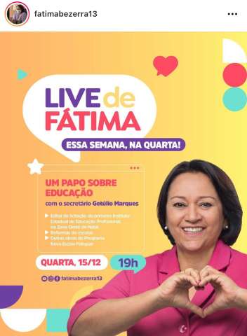 Ironia: Fátima vai fazer live sobre educação