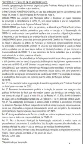 Prefeitura de Natal republica decreto e mantém eventos privados
