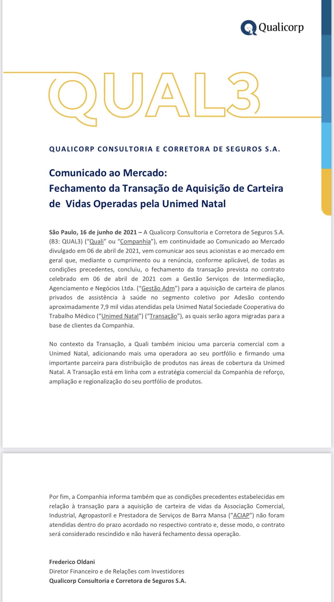 Qualicorp comunica ao mercado Aquisição da Carteira de Vidas Operadas da Unimed Natal