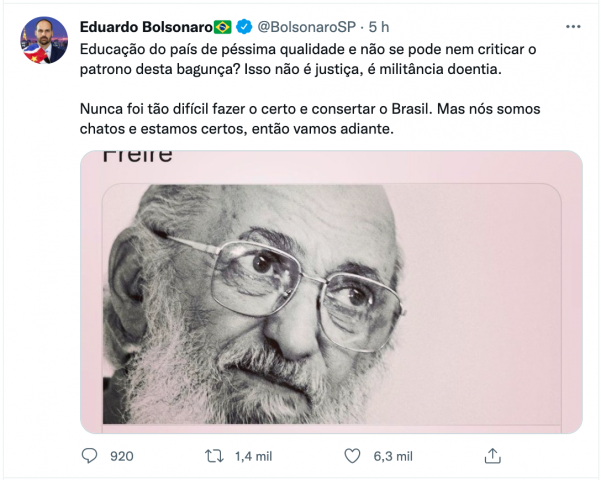 Eduardo Bolsonaro critica decisão que proíbe “atentar” contra Paulo Freire