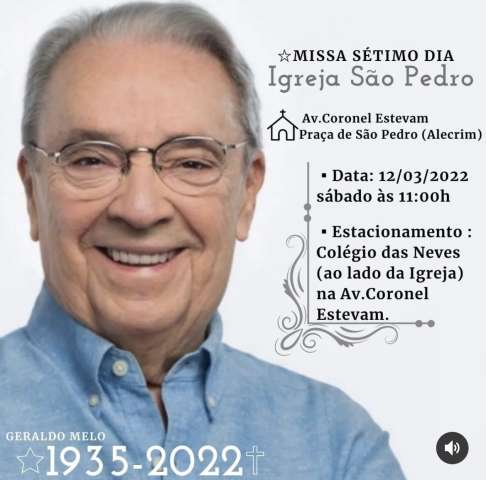 Missa de sétimo dia de Geraldo Melo acontece no sábado (12)