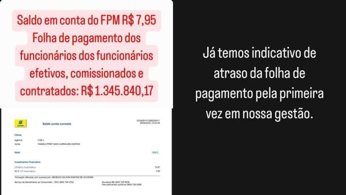 Prefeito de município do RN mostra saldo do FPM na conta da prefeitura: R$ 7,95