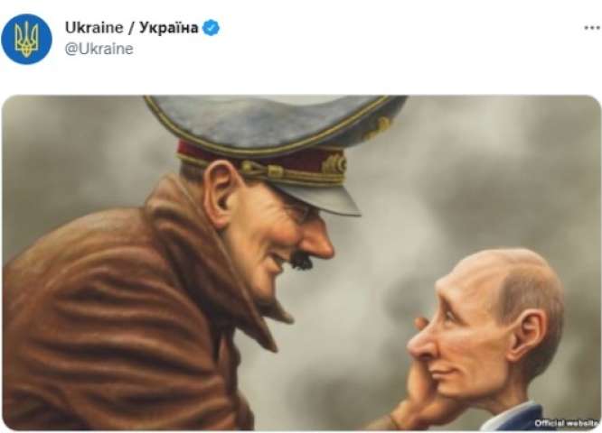 Ucrânia tuita desenho de Hitler fazendo carinho em Putin