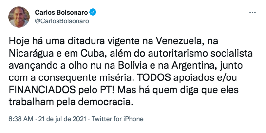 Carlos Bolsonaro acusa PT de “financiar” ditaduras na América Latina