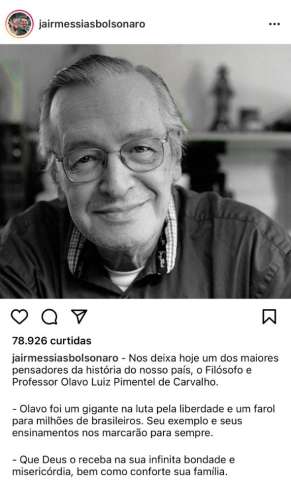 Bolsonaro lamenta morte de Olavo de Carvalho: “Gigante”