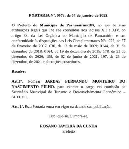 Taveira nomeia Jarbas Filho para Secretaria de Turismo e Desenvolvimento Econômico de Parnamirim