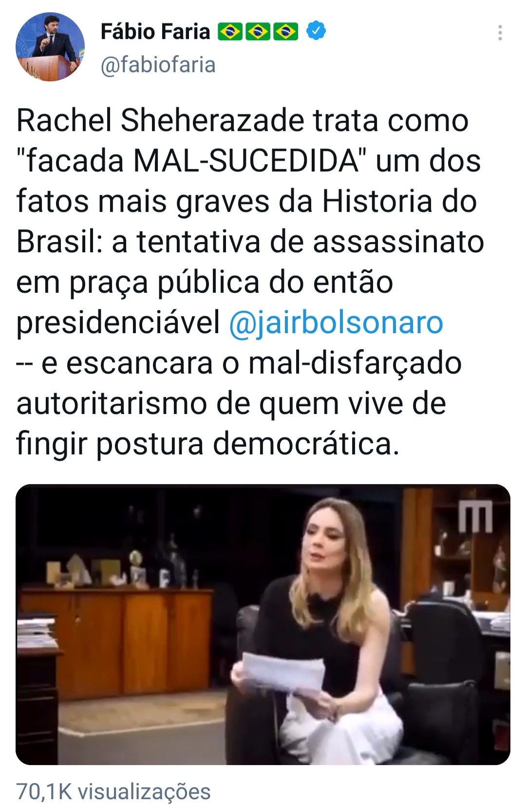 Rachel Sheherazade fala que facada em Bolsonaro foi 