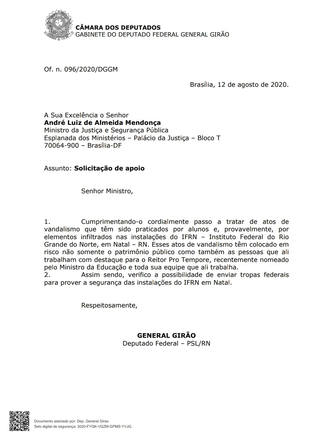 General Girão quer presença das tropas federais no IFRN
