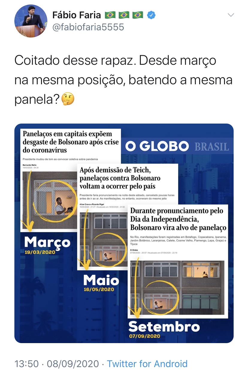 Fábio Faria: Jornal O Globo divulga mesma foto de panelaço por três vezes