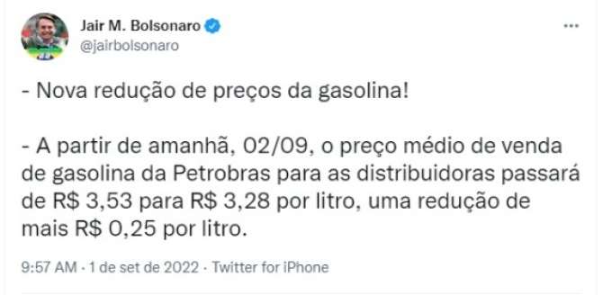 Bolsonaro anuncia nova redução no preço da gasolina