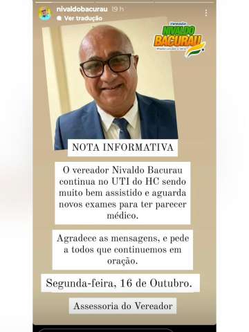 Vereador Nivaldo Bacurau continua internado e em recuperação 