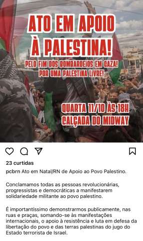 Inúteis: PCB/RN vai fazer ato pro-palestina e contra “estado terrorista de Israel”