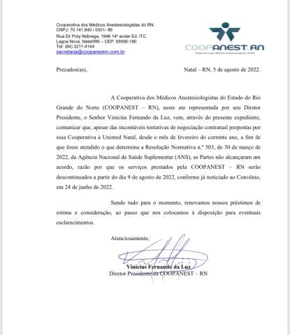 Bomba: Contrato da Unimed com Coopanest acaba segunda-feira e usuários vão ficar sem anestesistas