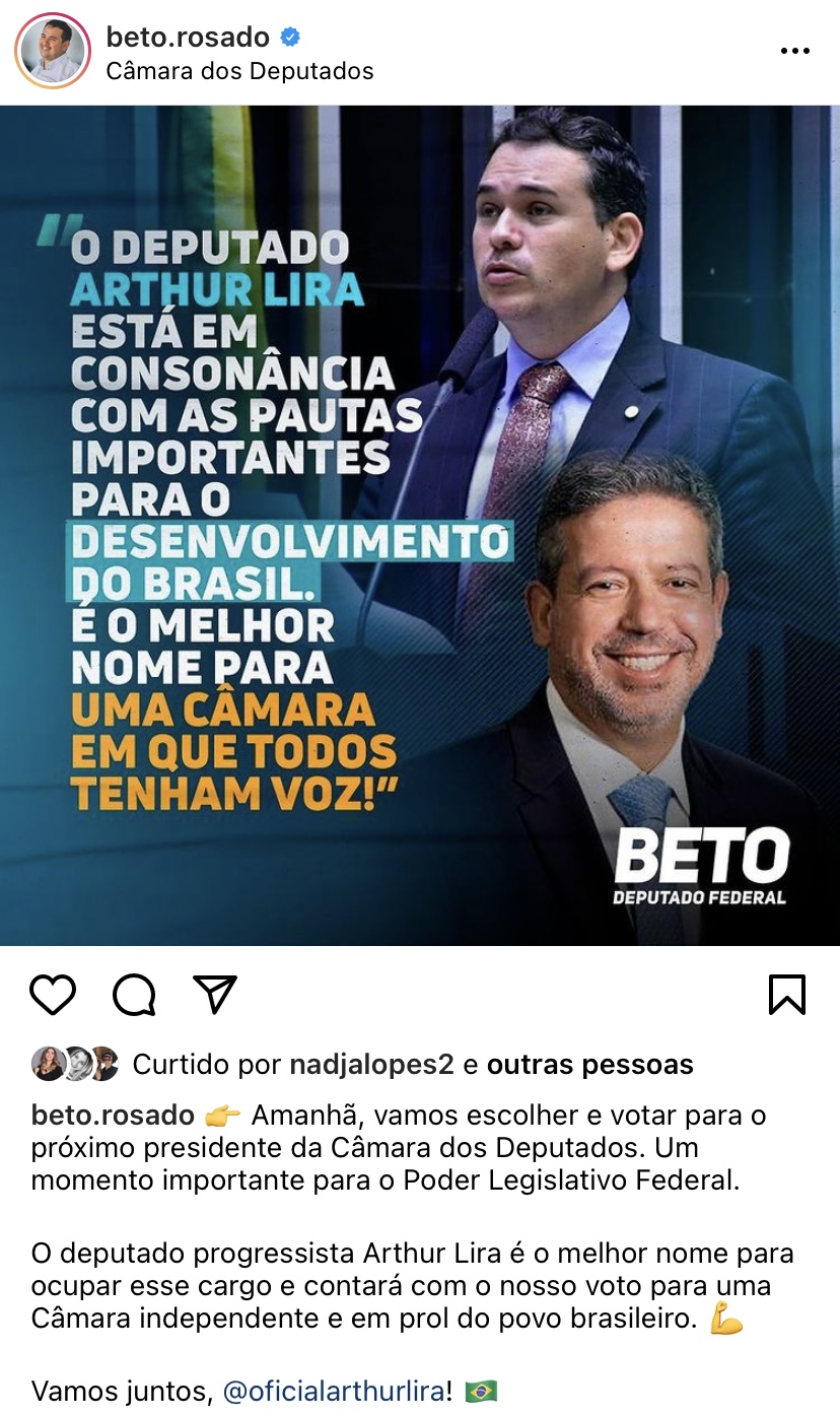 Beto Rosado pronto para votar em Arthur Lira