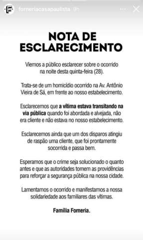 Restaurante explica que homem morto não estava no estabelecimento e cliente baleada de raspão foi socorrida