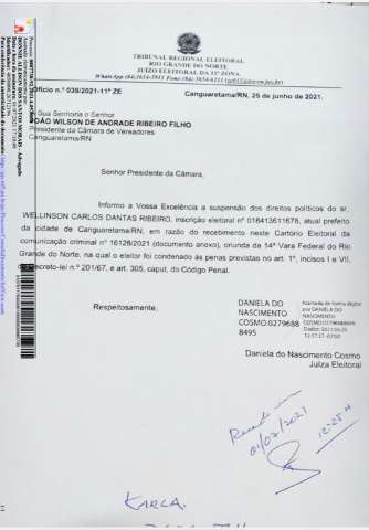 Prefeito e vice de Canguaretama serão afastados nesta sexta-feira (3); Presidente da Câmara assume