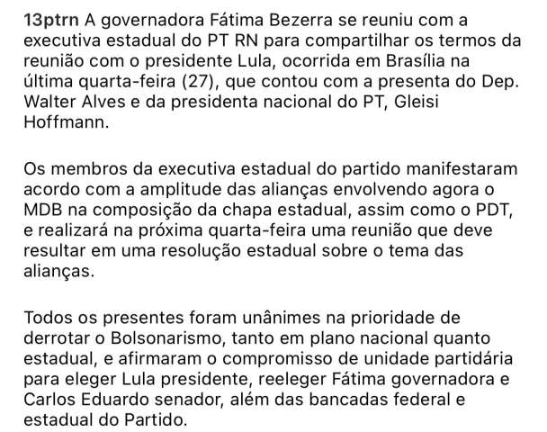 Reunião do PT mostra qual prioridade deles no RN e no Brasil; saiba qual