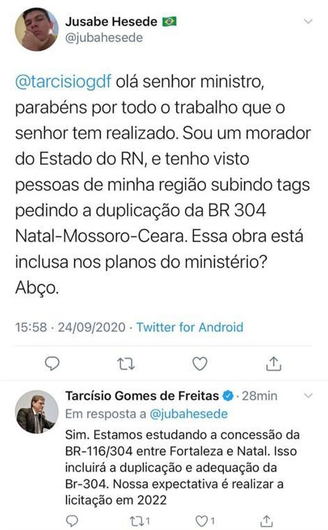 Ministro da Infraestrutura garante duplicação e concessão da BR 304 em 2022