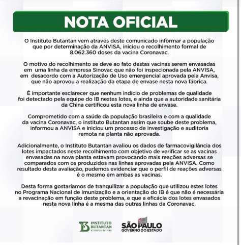 Em nota, Butantan informa 