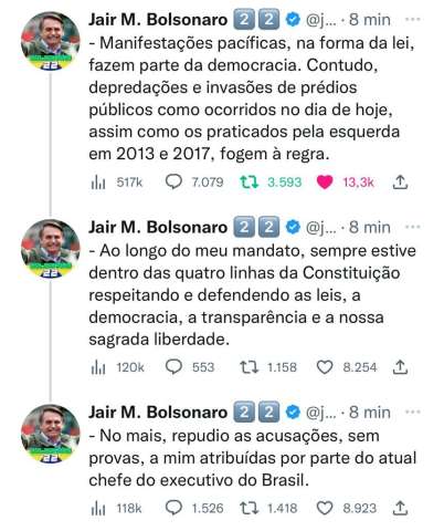 Bolsonaro lamenta invasões, lembra atos da esquerda e repudia 