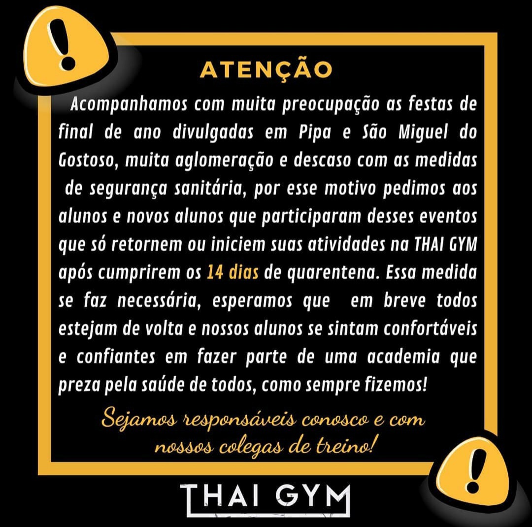 Academia pede para que quem passou réveillon em Pipa e Gostoso fique duas semanas sem treinar